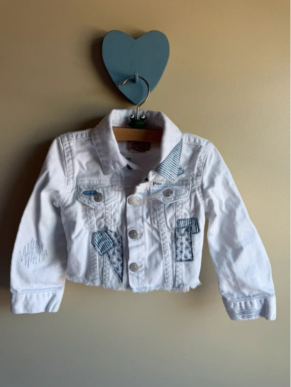 Polo Ralph Lauren White Patchwork Distressed Cropped Denim Jacket 2T